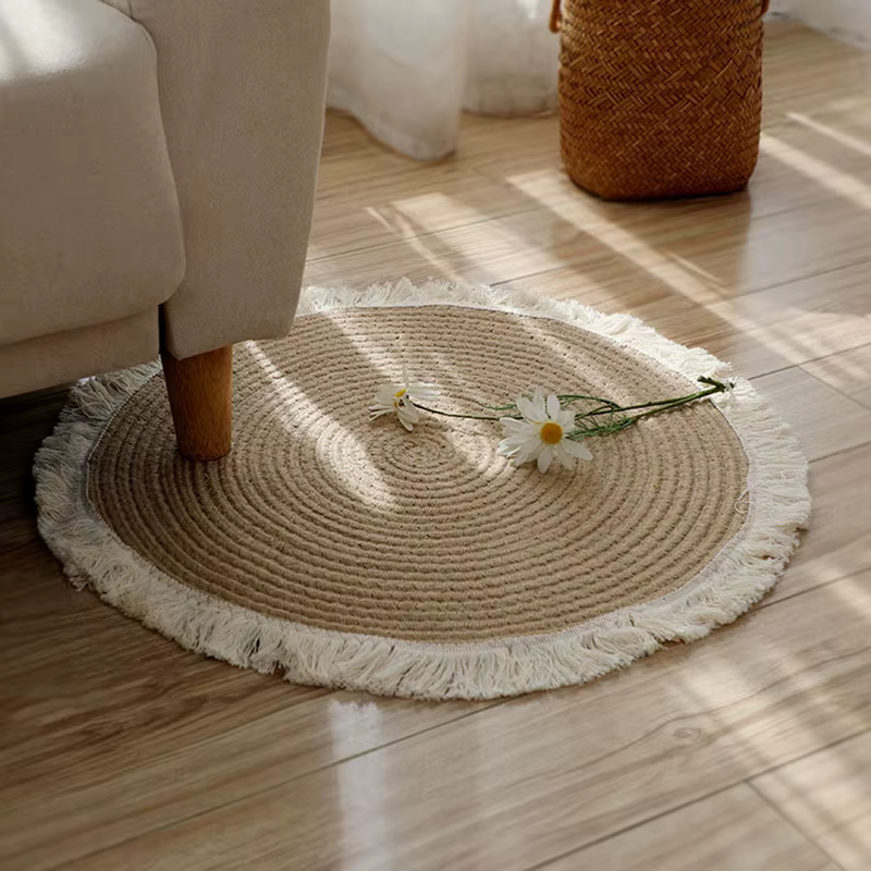Tapis rond en rotin de jute tissé à la main avec pompon, tapis vintage pour chambre à coucher, salon
