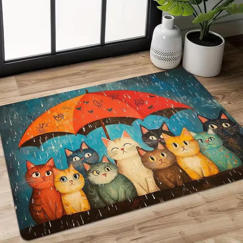 Tapis de porte antidérapant VIKAMA pour chat, motif chaton sous parapluie, idéal pour entrée et sall