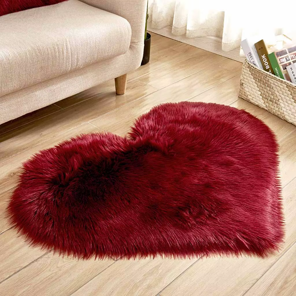 Tapis en fausse fourrure en forme de cœur pour chambre à coucher, tapis shaggy moelleux, peau de mou