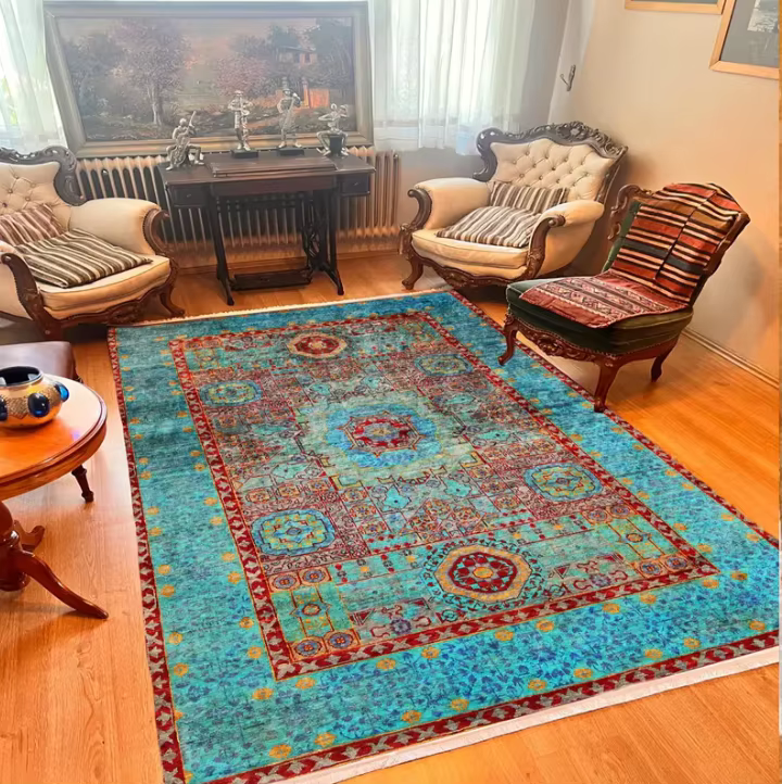 Tapis d'appoint turquoise style persan, tapis vintage vert-bleu, lavable en machine, tapis pour la m