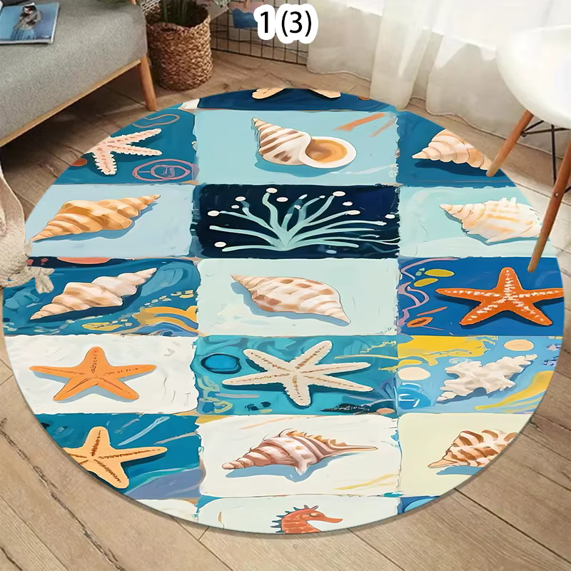 Tapis rond nordique style côtier, tapis doux antidérapant pour chambre à coucher, design vague océan