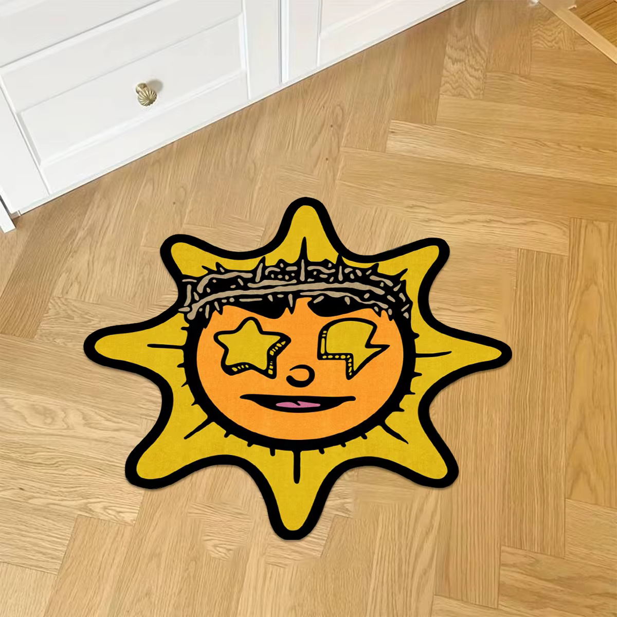 Tapis de chambre antidérapant, doux et confortable, jaune, motif soleil amusant, irrégulier, pour ca