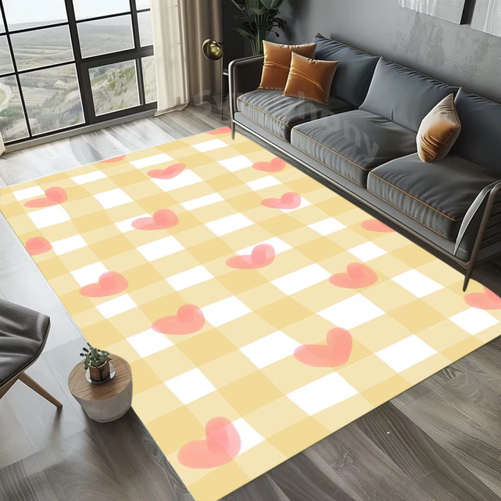 Tapis à motif de cœur à carreaux, Design doux et mignon, antidérapant, lavable, pour chambre à couch
