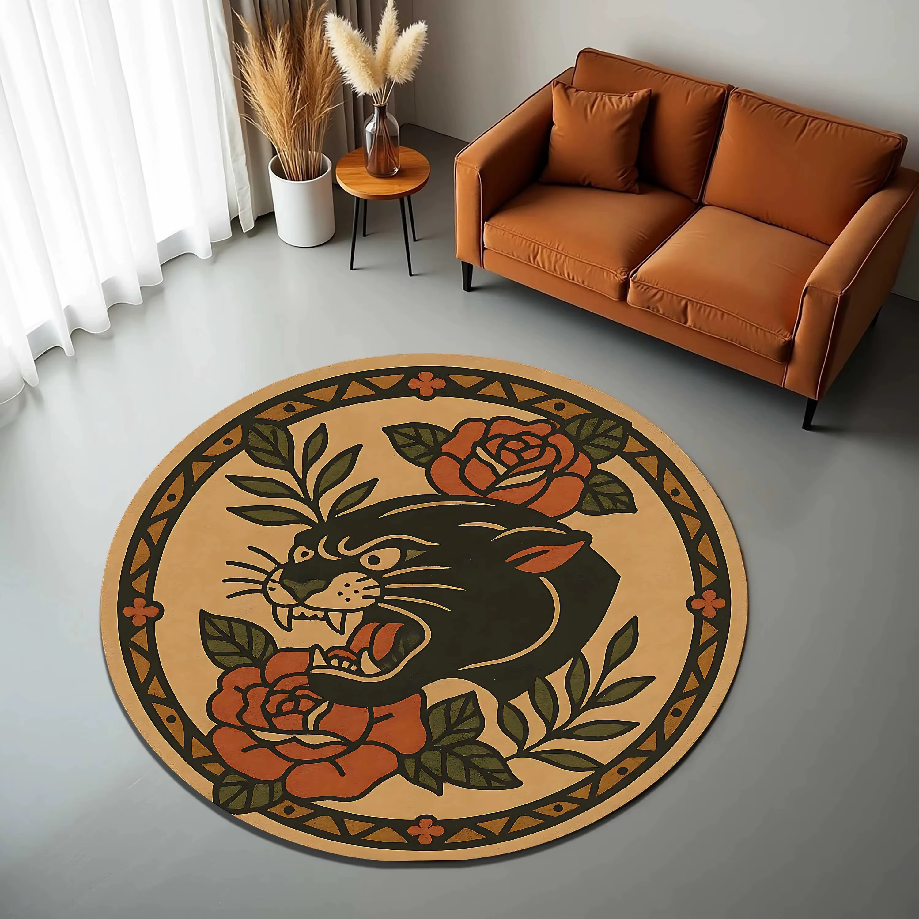 Tapis rond à motif de tatouage léopard de Style rétro, tapis de sol antidérapant pour salon, chambre