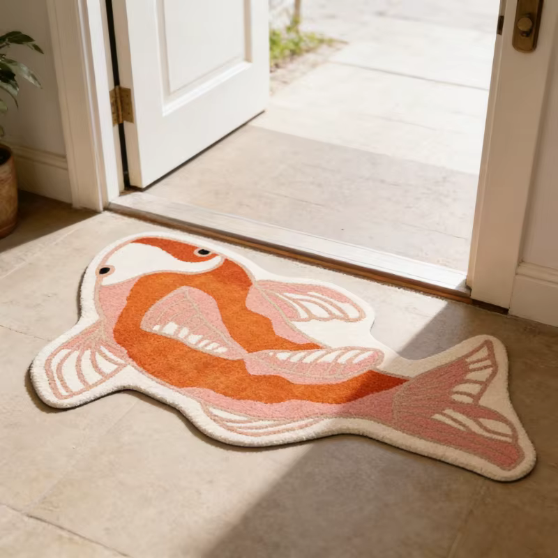 Tapis en forme de carpe Koi porte-bonheur pour salon, tapis décoratif mignon et amusant pour chambre