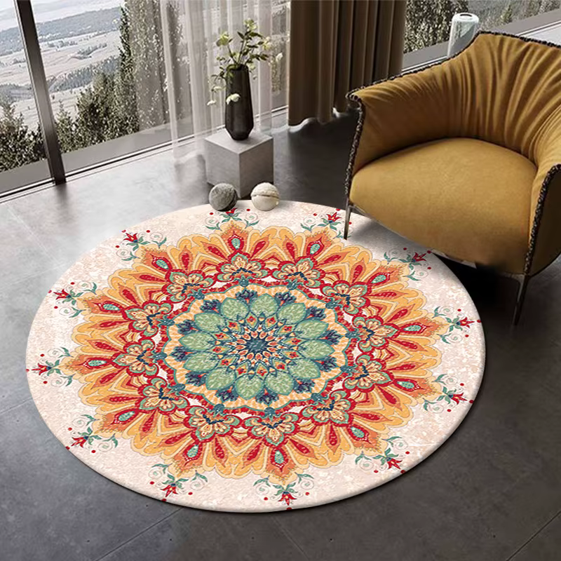 Tapis rond à motifs de style ethnique rétro, tapis antidérapant pour la zone du canapé, tapis de sal