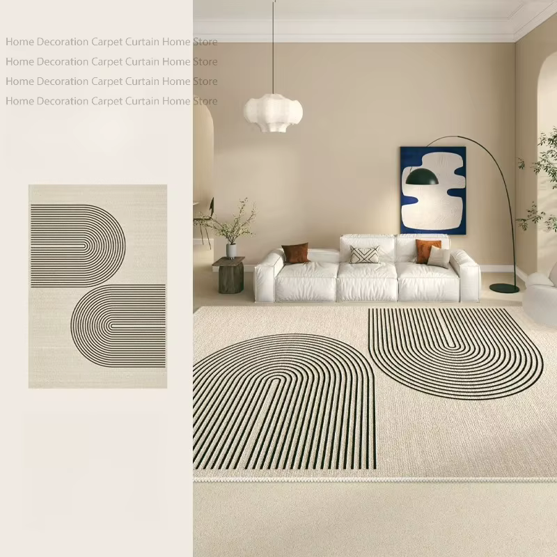 Tapis beige crème minimaliste moderne abstrait à lignes Wabi Sabi, grand tapis de salon antidérapant