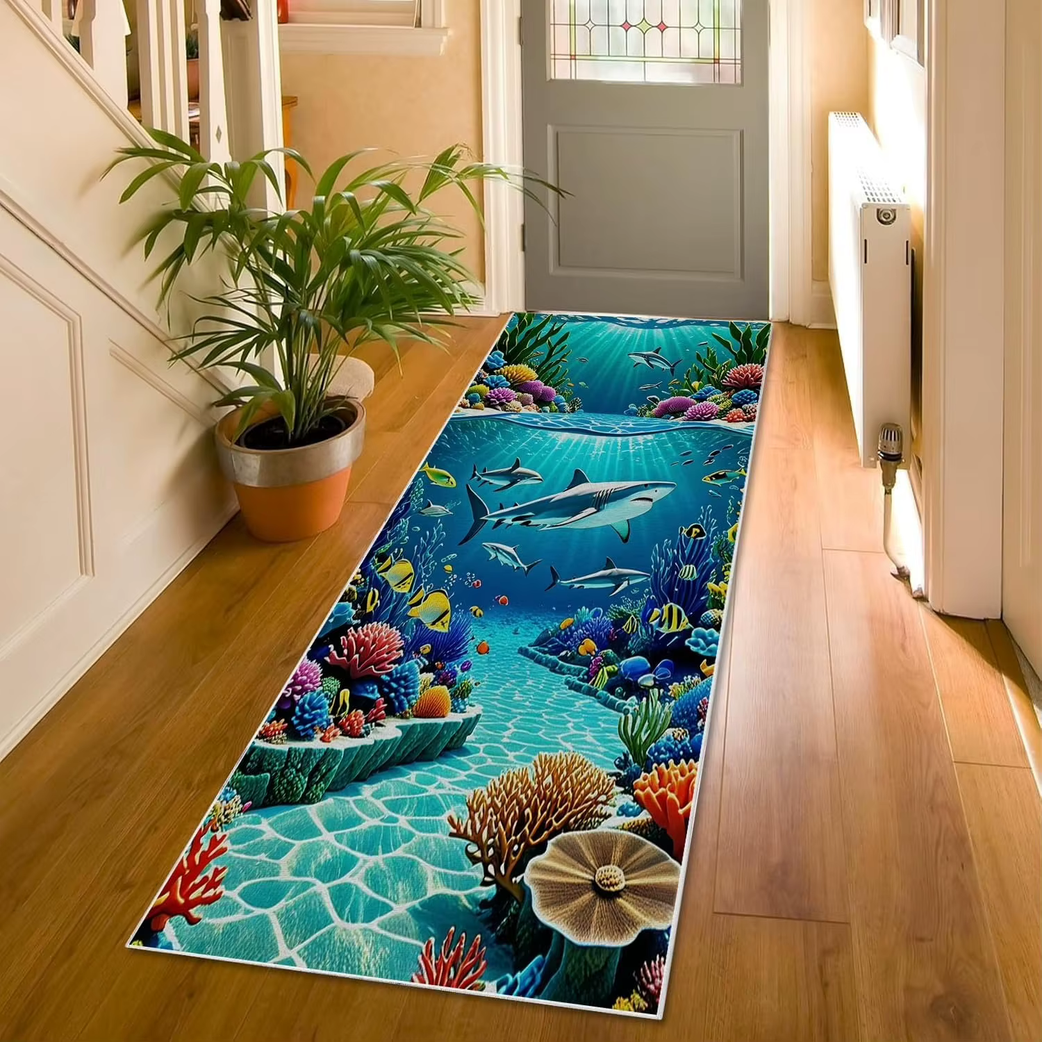 Tapis de couloir long 2D Monde Océanique, motif requin, récif corallien et poissons, doux, antidérap