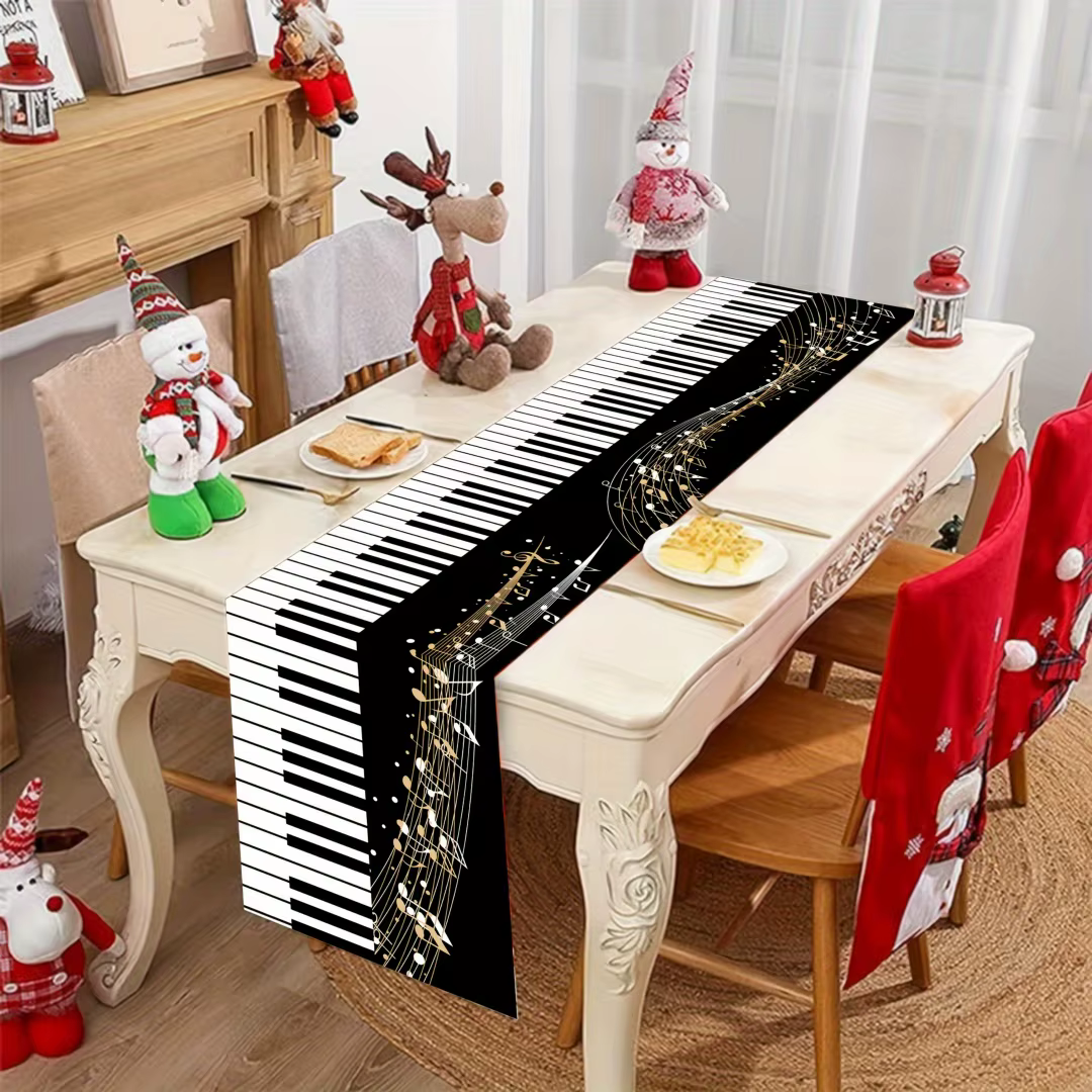 Chemin de table en polyester imprimé touches de piano, lavable, décoration artistique musicale pour