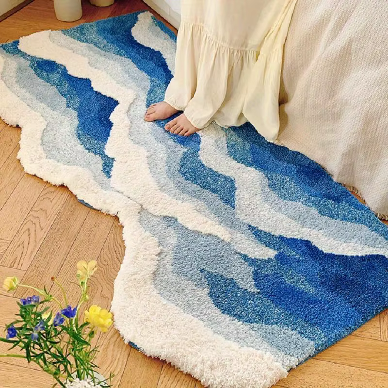 Tapis floqué vague de mer bleue, pour chambre à coucher, couloir, tapis de sol, paillasson esthétiqu