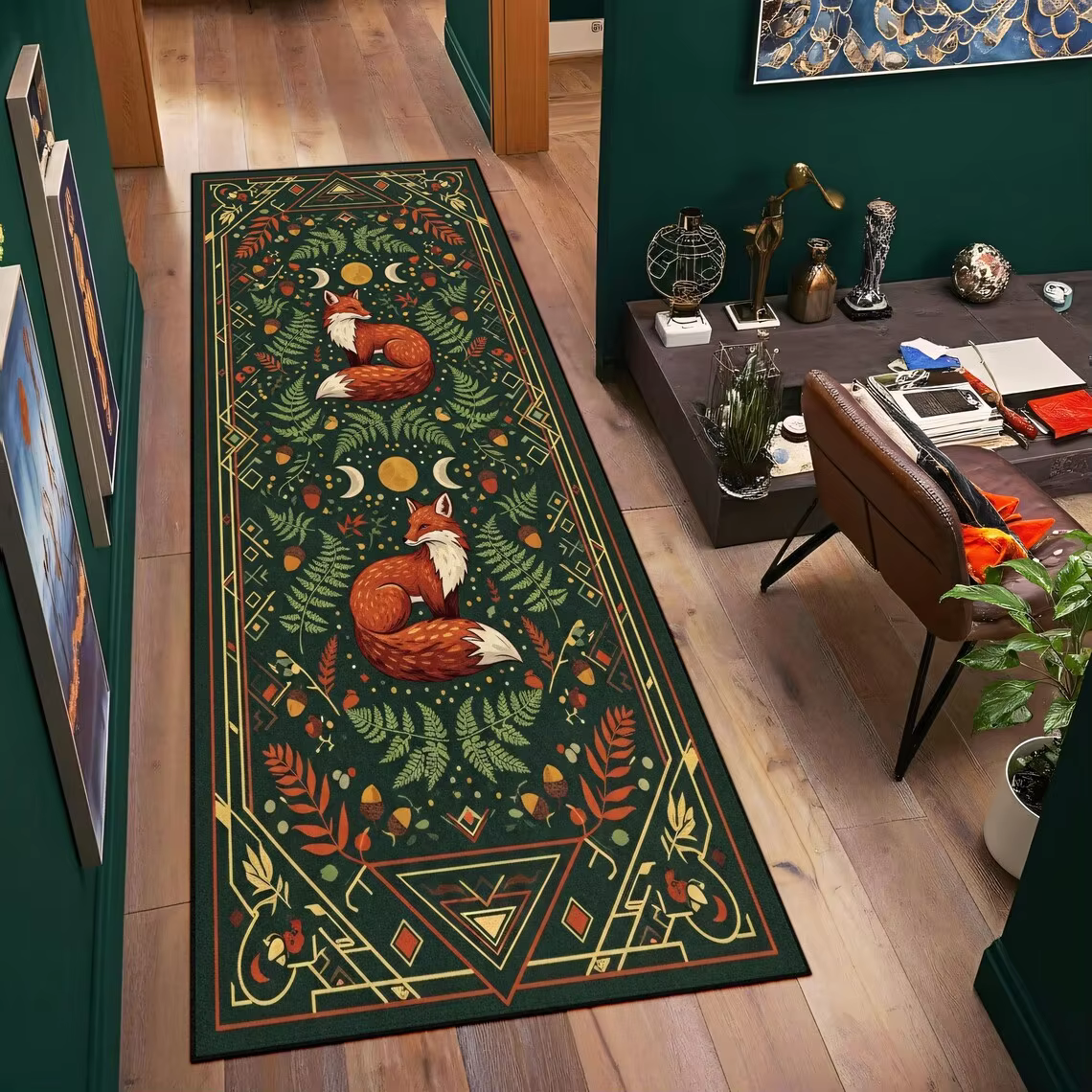 Tapis de couloir antidérapant avec motif renard bohème, forêt, phases de lune et fougères, idéal pou
