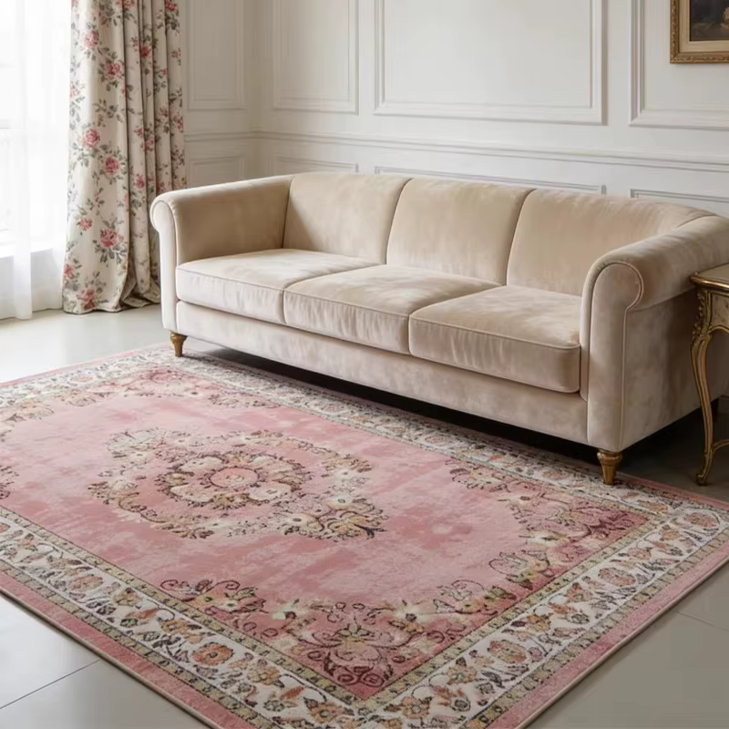 Tapis de salon résistant à l'usure et à la saleté, tapis floral rose, tapis pour canapé et table bas