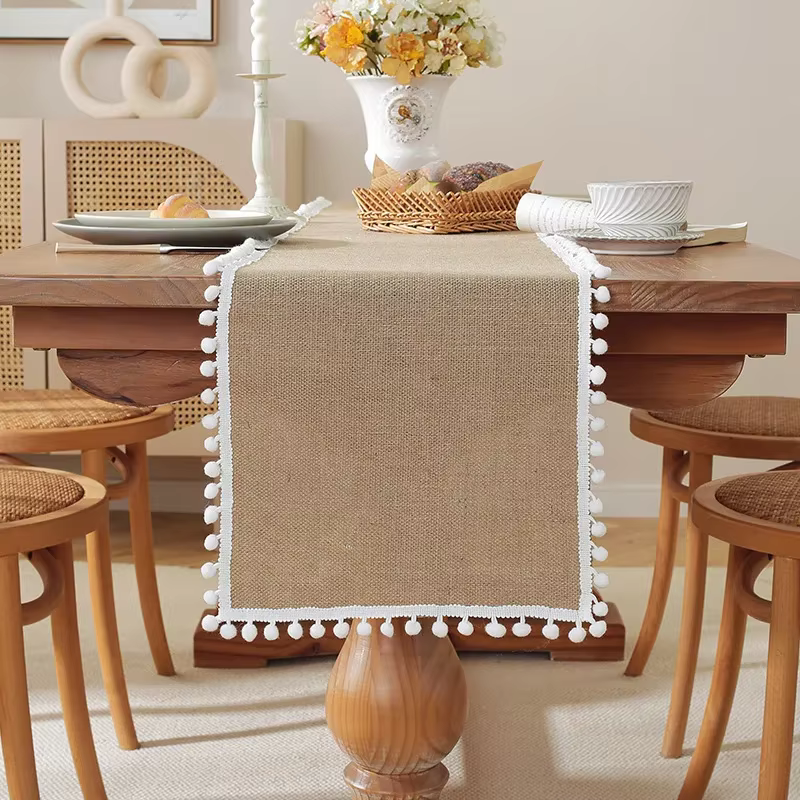 Chemin de Table en Jute Naturel avec Glands, Rustique, Ferme, Boho, pour la Maison, Décor de Table à