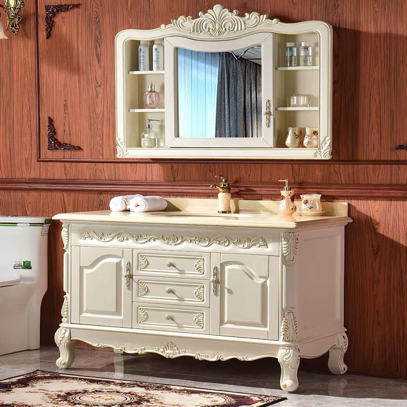 Armoire de salle de bain de Style européen, meuble de luxe léger en bois de chêne massif, lavabo du