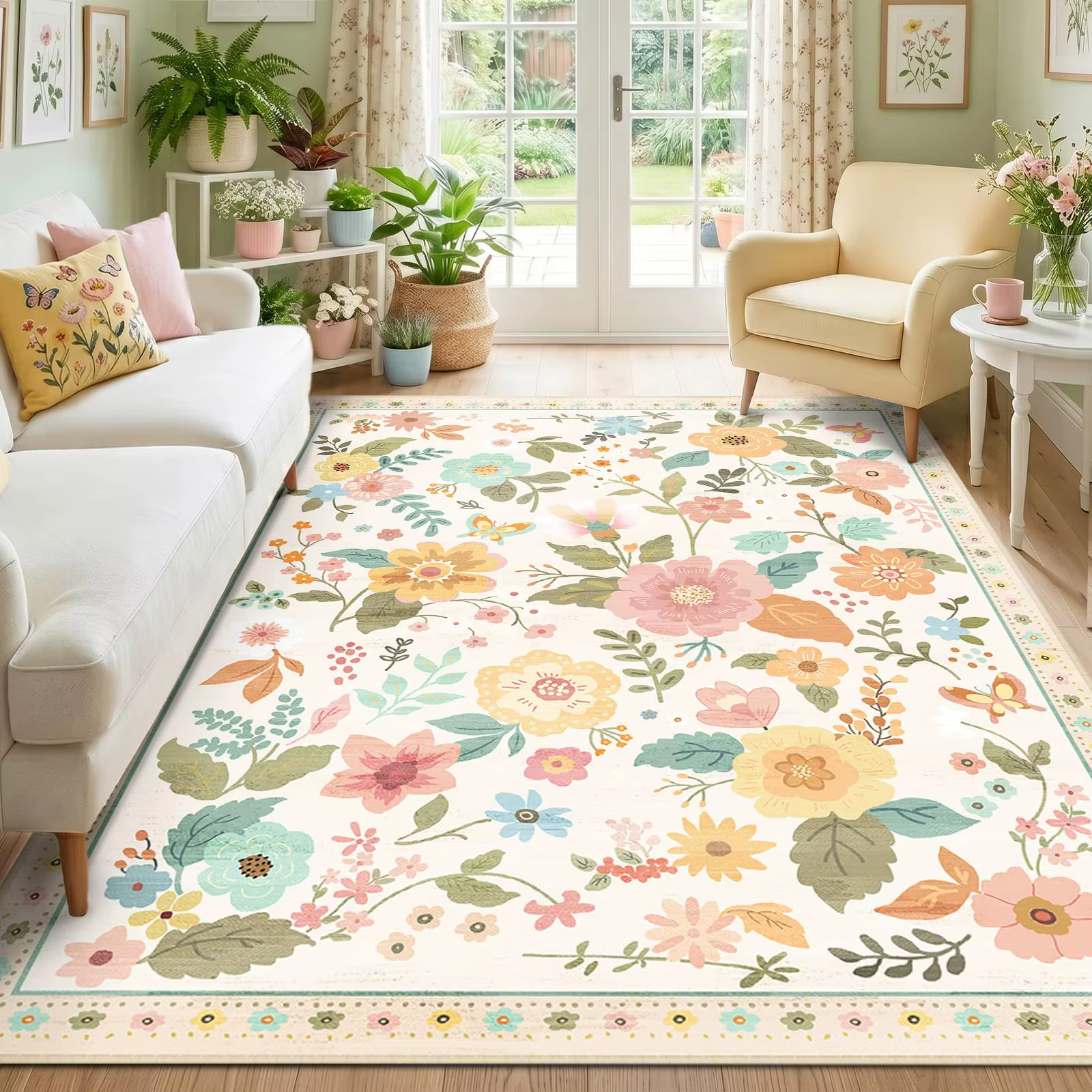 Tapis d'intérieur bohème rose à motifs floraux, tapis de sol doux antidérapant lavable avec motifs d