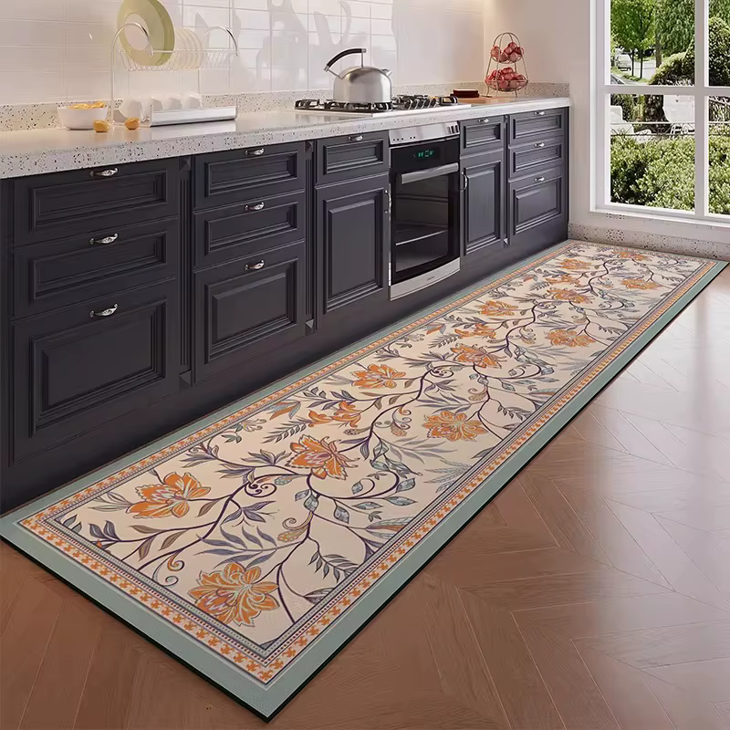 Tapis de cuisine long en PVC, tapis imperméable en cuir, tapis vintage à fleurs, tapis anti-huile, a