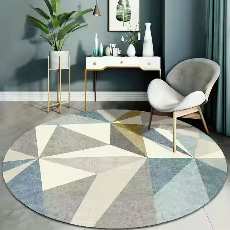 Tapis géométrique nordique rond, tapis doux antidérapant, imprimé triangle gris bleu, tapis de sol a