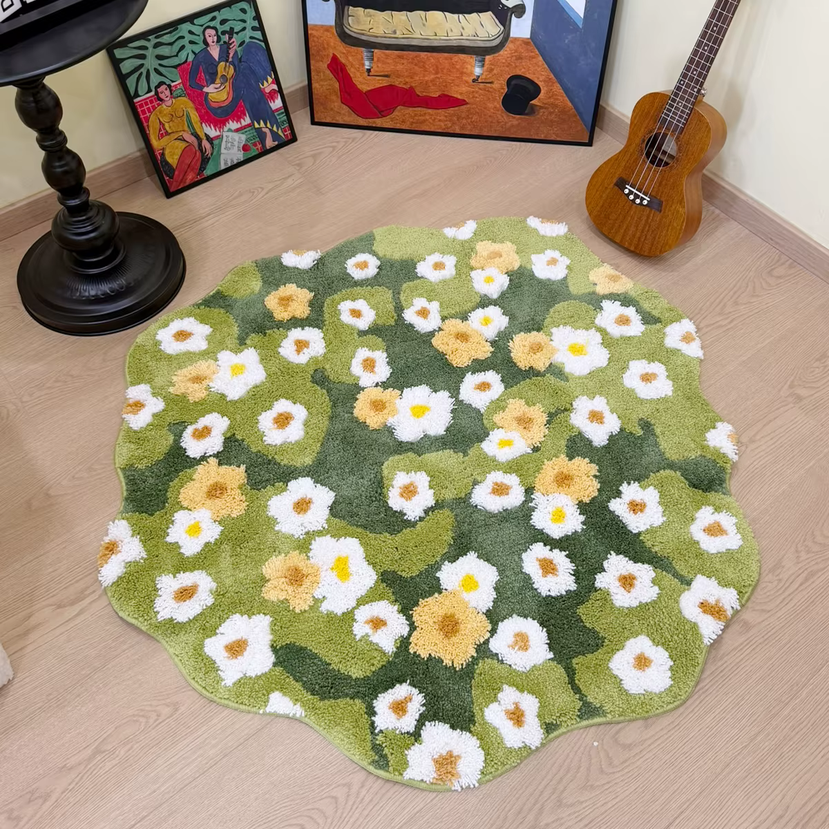Tapis à poils longs Green Meadow Daisy, motif floral blanc et jaune, tapis de sol irrégulier, tapis 