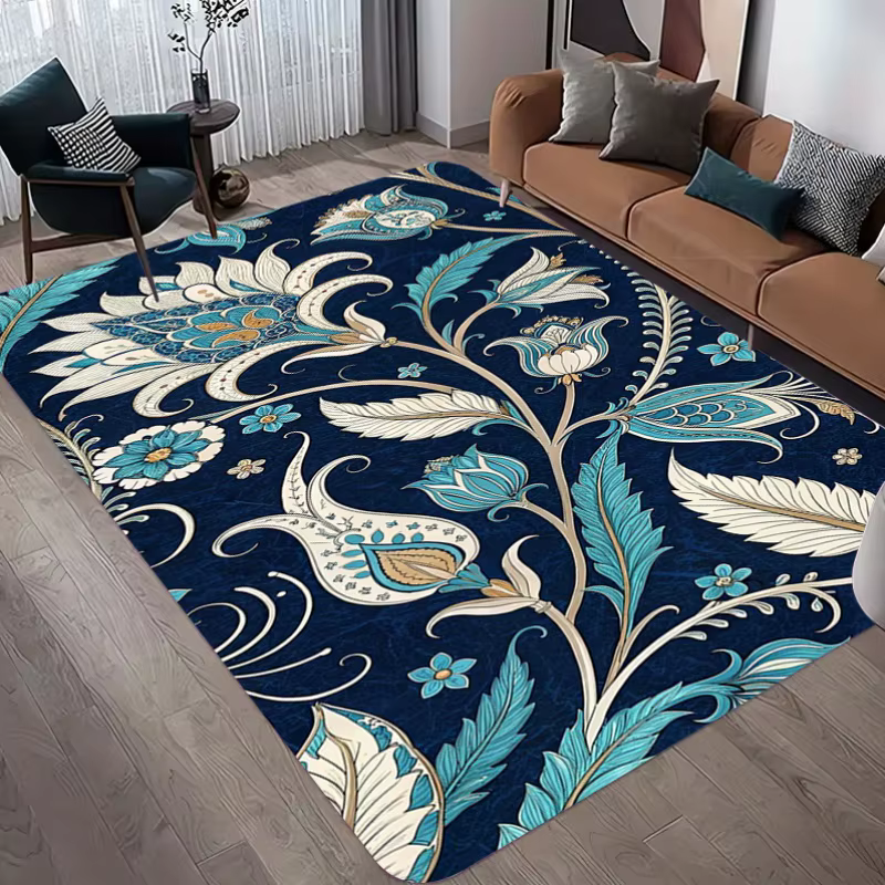 Tapis d'intérieur bleu foncé vintage à imprimé floral ethnique Paisley, antidérapant, doux, pour sal