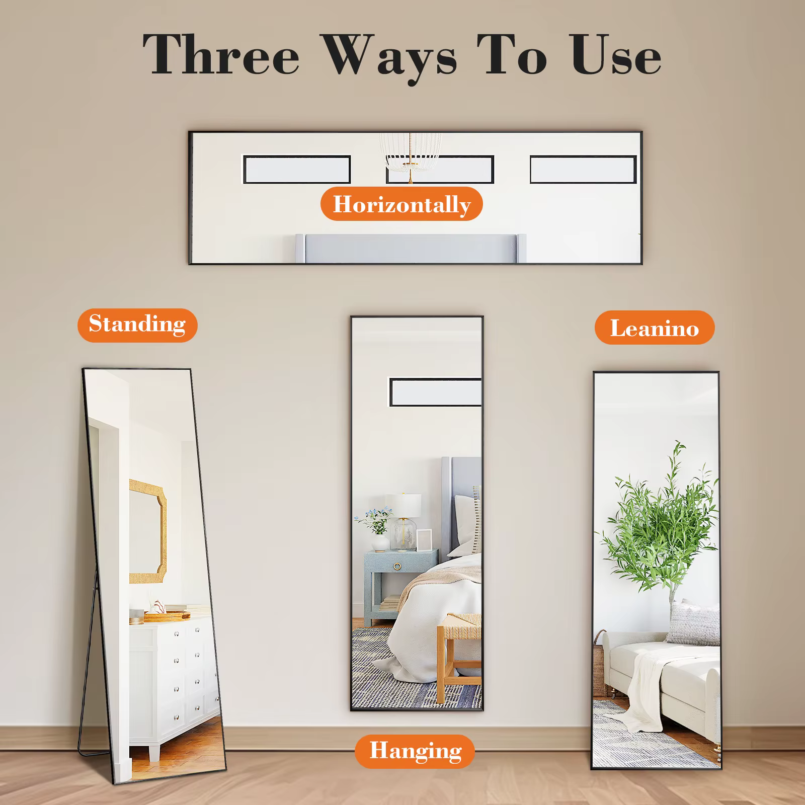 JHK 64 "x 21" miroir mural complet miroirs muraux suspendus ou inclinés avec support cadre en alliag