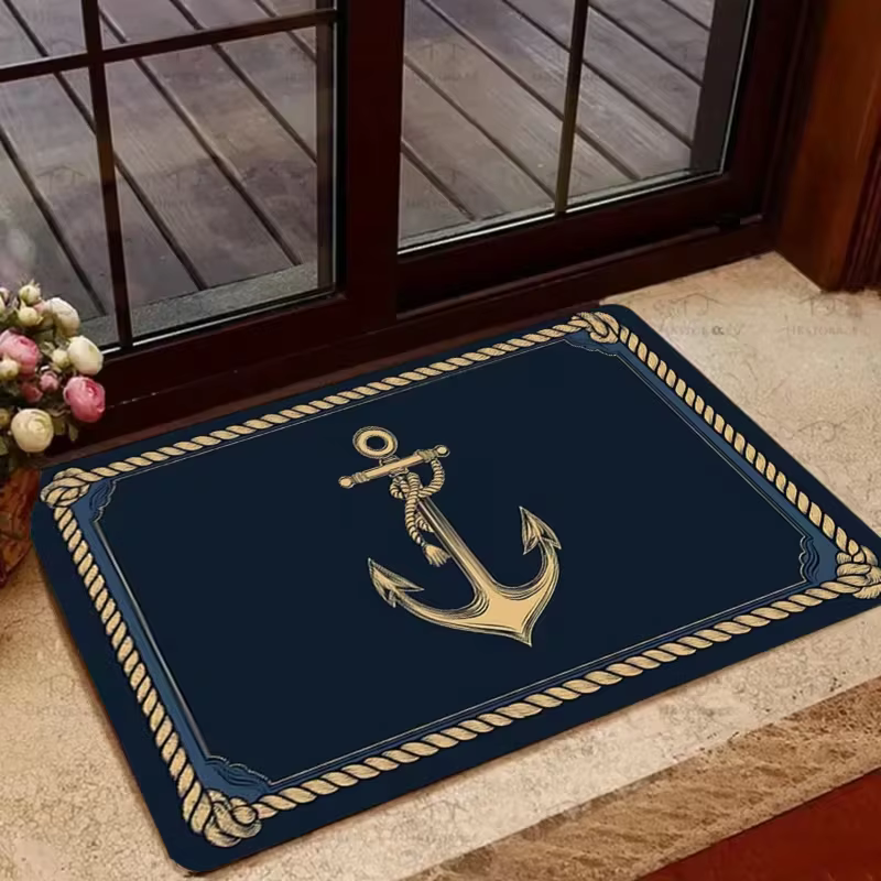 Paillasson bleu marine avec ancre dorée et bordure en corde nautique, antidérapant, tapis de bienven