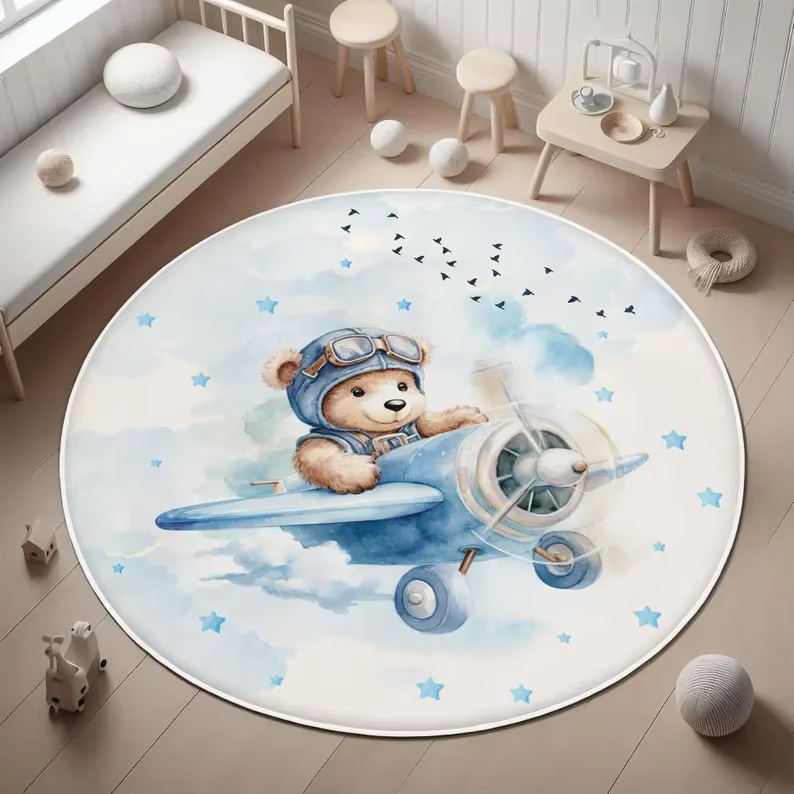 Tapis rond d'intérieur motif Ours pilote en aquarelle et Avion, pour chambre, canapé, table basse, c