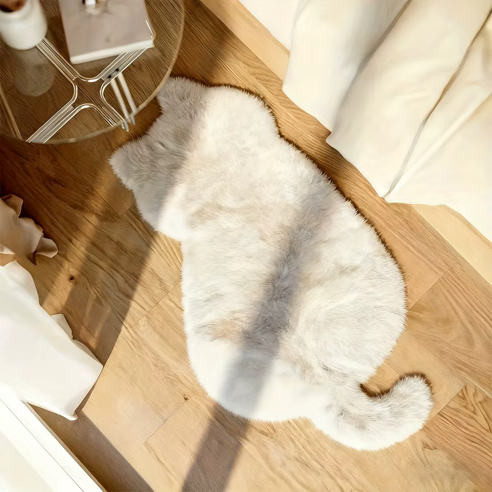 Tapis en fausse fourrure de lapin en forme de chat, tapis moelleux doux adapté à la chambre à couche