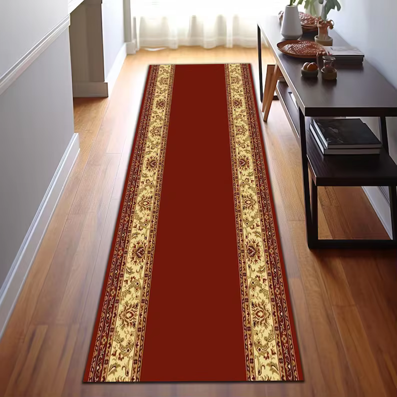 Tapis de couloir rouge orné lavable antidérapant, tapis de bienvenue, tapis de protocole, longueur e
