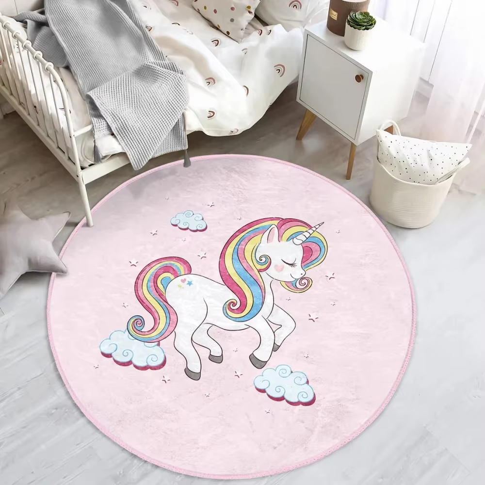Tapis rond à fleurs licorne enchantée, pour la décoration de la maison, arc-en-ciel magique, tapis d