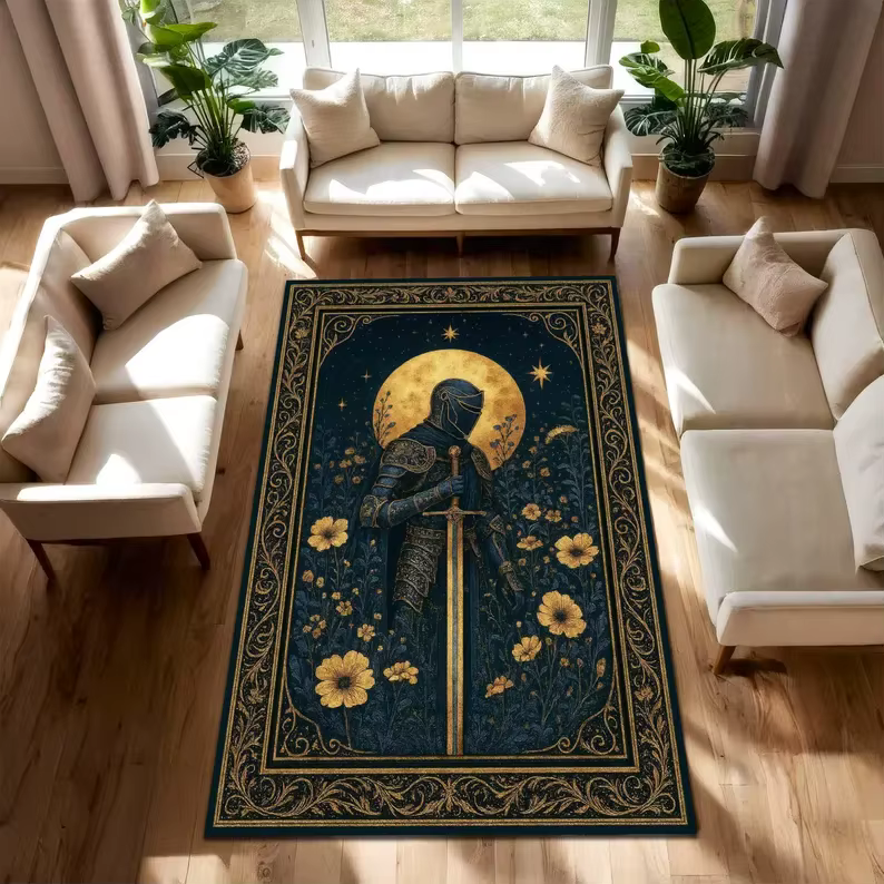 Tapis de chevalier épée et Dragon de couleur foncée rétro, tapis médiéval à thème Renaissance, pour 