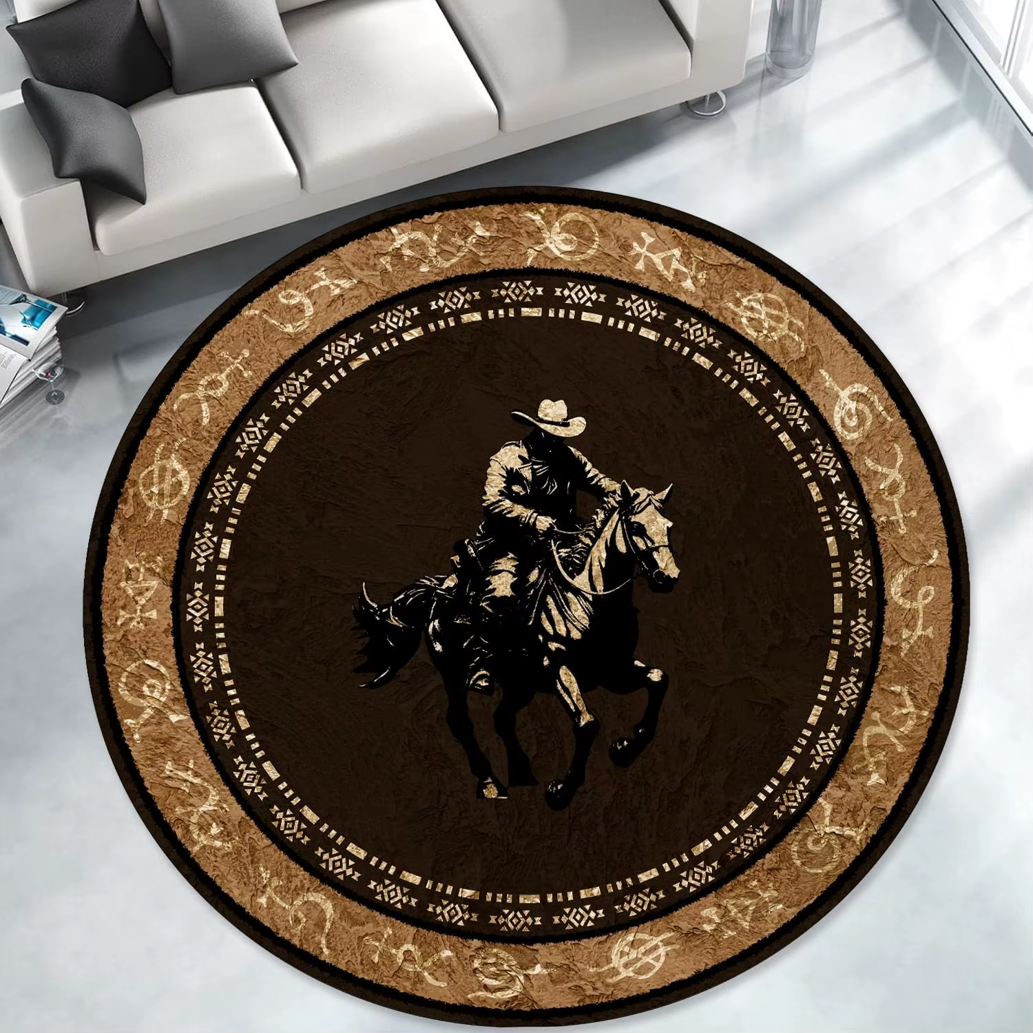 Tapis rond motif aztèque vintage cowboy western à cheval, tapis antidérapant pour décoration rustiqu