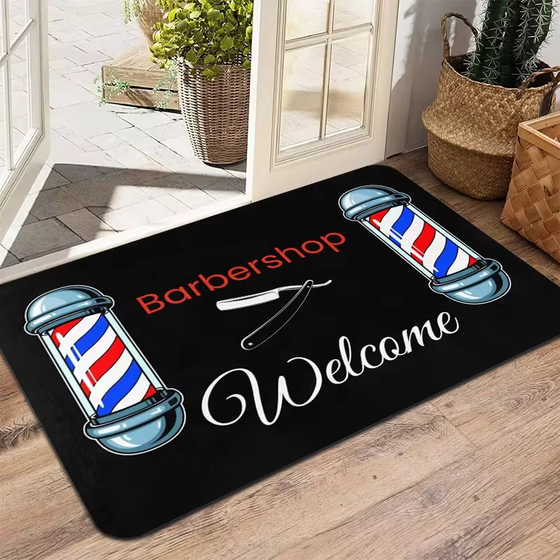 Tapis de sol thème barbier, avec motif rasoir et lumière rotative, 'Barbershop Welcome', tapis rétro