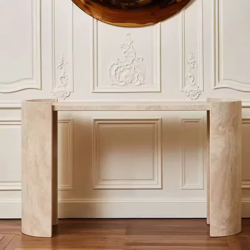 Table d'entrée en travertin beige clair, meuble de salon en pierre naturelle