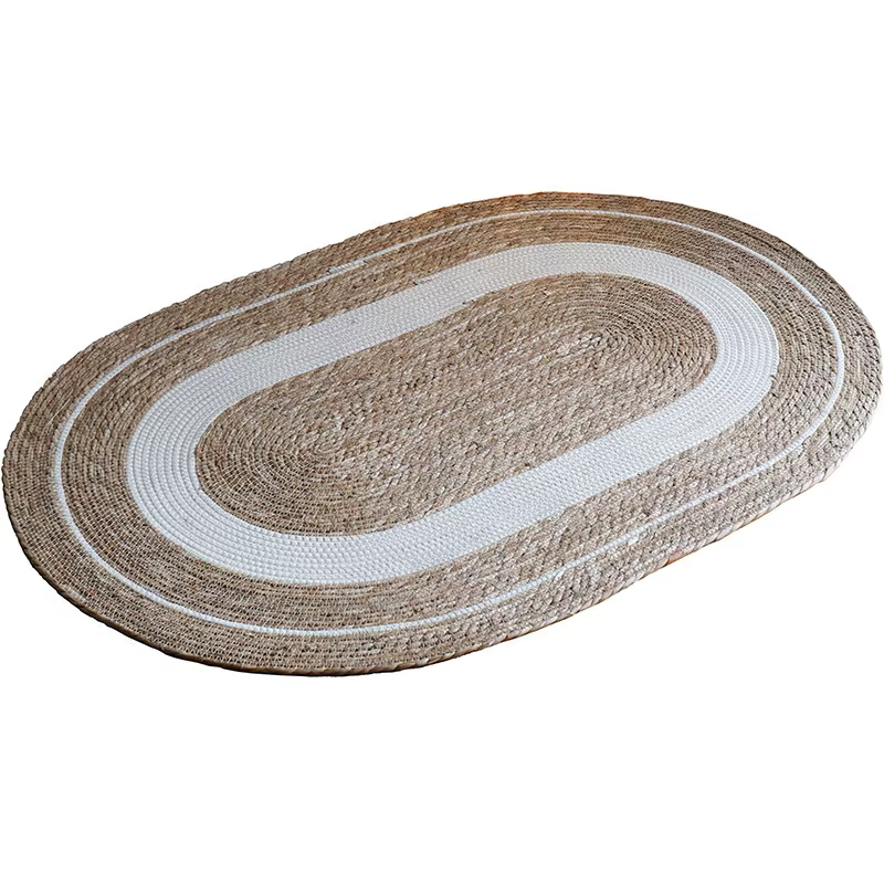 Tapis ovale en jute tissé, style bohème naturel, avec rayures blanches, lavable et antidérapant, pou