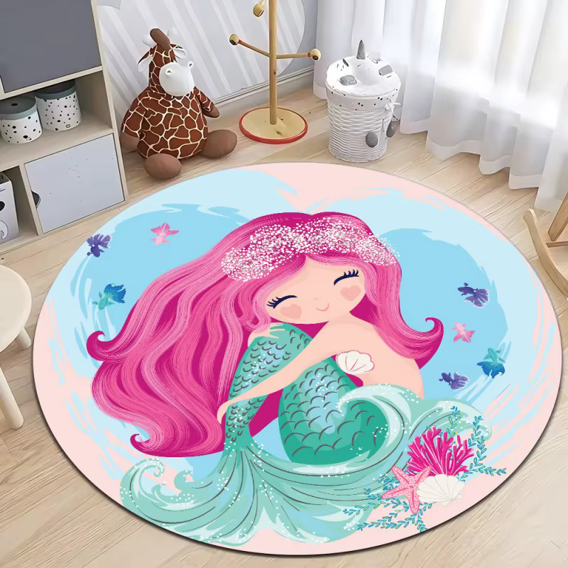 Tapis rond imprimé sirène de dessin animé, pour chambre d'enfants, salon, tapis de sol antidérapant,