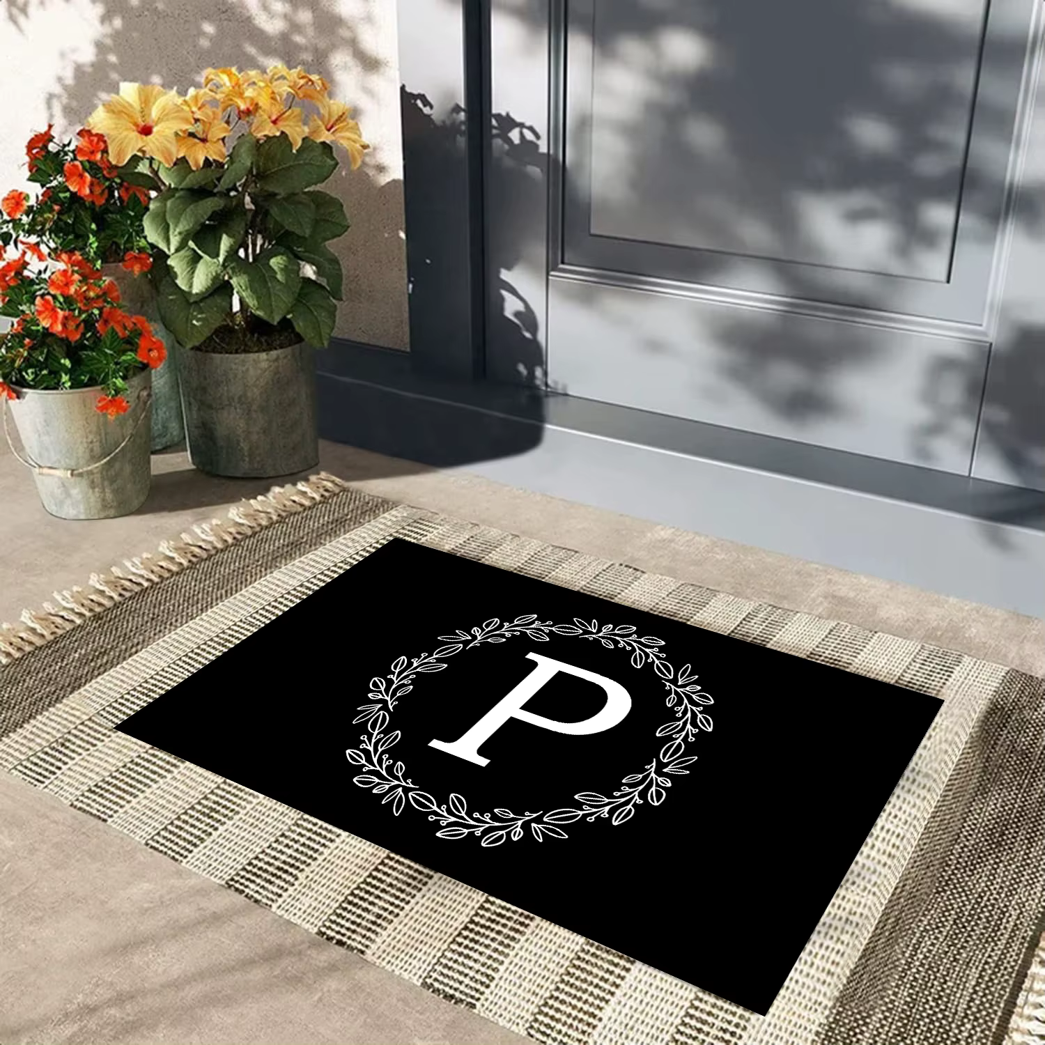 Paillasson personnalisé avec initiale, tapis de sol d'entrée en caoutchouc, tapis de bienvenue noir,