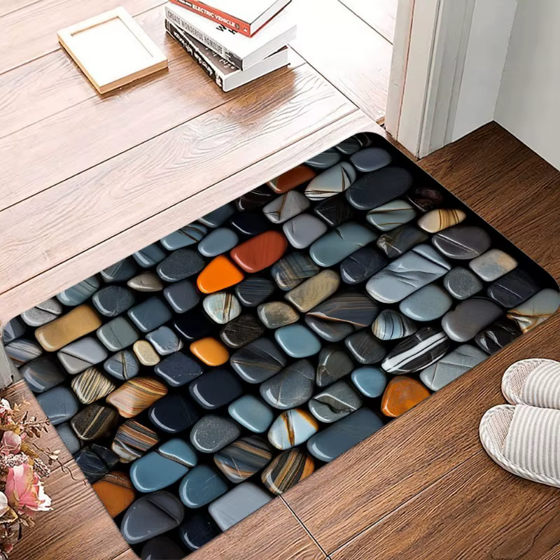 Tapis de sol antidérapant avec impression de pierres et de carrelage, imperméable, facile à nettoyer