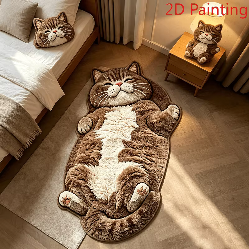 Tapis mignon en forme de chat endormi marron, décoration amusante pour la maison, tapis de sol en pe