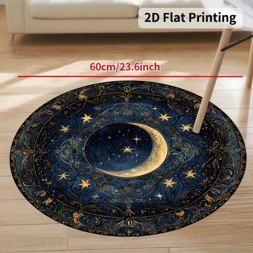 Tapis de sol circulaire à motif étoile et lune, antidérapant, facile à nettoyer, adapté au salon, à
