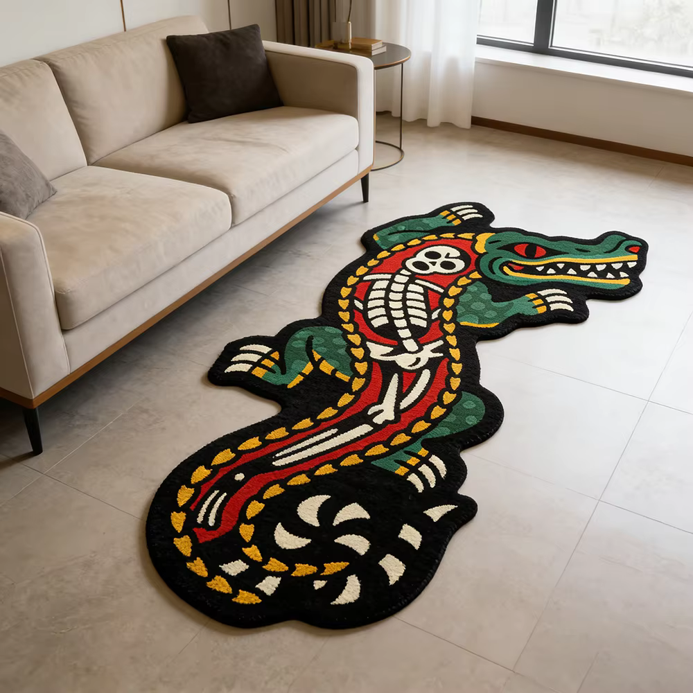 Tapis Rétro Américain Crâne de Crocodile, Tapis Créatif Unique de Forme Irrégulière pour Salon, Cham