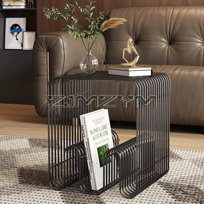 Tables basses nordiques en métal avec rangement, Tables d'appoint modernes pour canapé, présentoir d