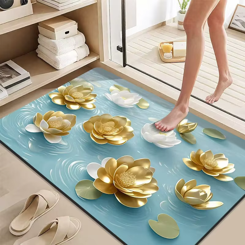Tapis de sol au design floral doré, surface douce au toucher, facile à nettoyer, pliable, bords scel