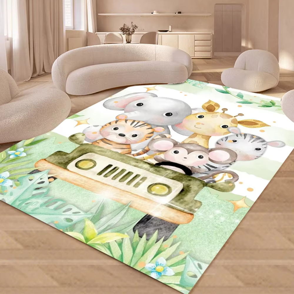 Tapis imprimé animaux de la jungle 3D, tapis de dessin animé floral avec animaux de safari pour cham