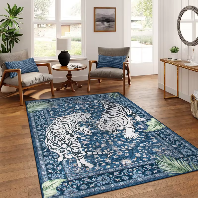 Tapis persan vintage bleu à motifs floraux et tigres, antidérapant, lavable, grand tapis doux pour s