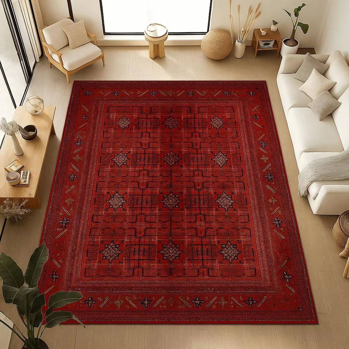 Tapis de zone orientale rouge, tapis géométrique lavable en Polyester, Style ethnique bohème, tapis 