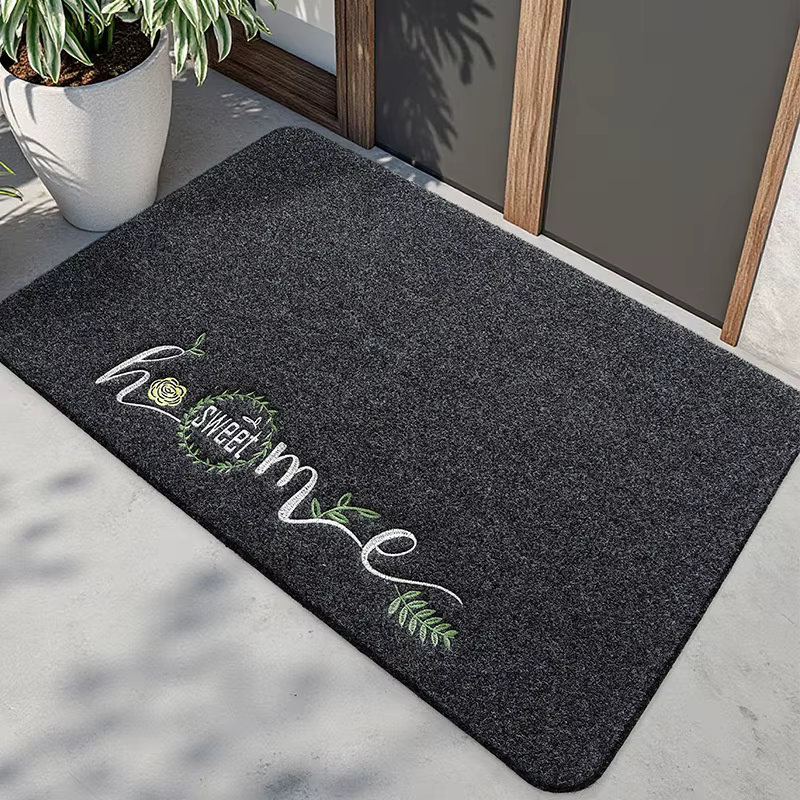 Nouveau tapis de sol brodé décoratif, paillasson d'entrée en PVC noir à motif floral vert