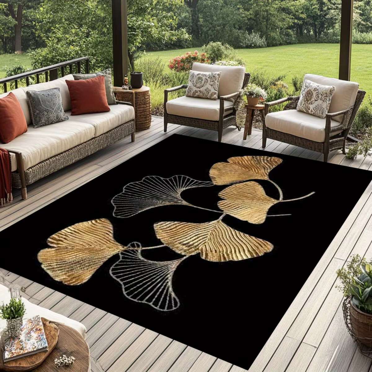 Tapis en flanelle imprimé feuille de ginkgo, motif or et argent, tapis en polaire doux, tapis d'exté