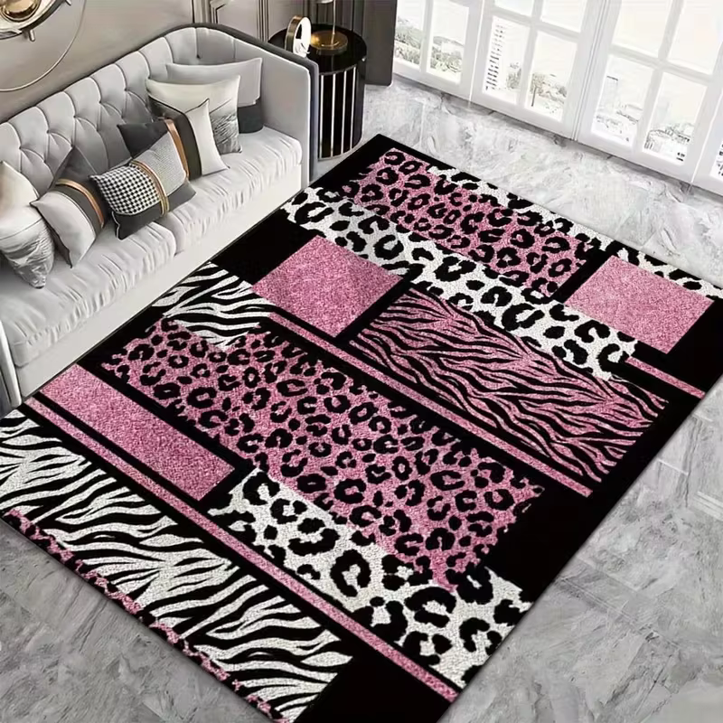 Tapis imprimé léopard rose, tapis de salon moderne à imprimé animal, tapis géométrique doux et antid