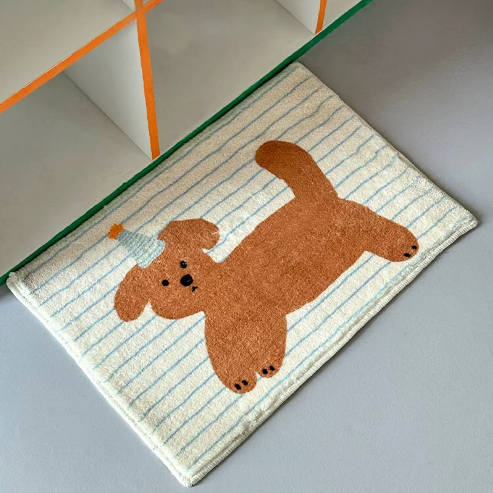 Tapis de salle de bain antidérapant en polaire à rayures avec motif chiot, style mignon, tapis de po