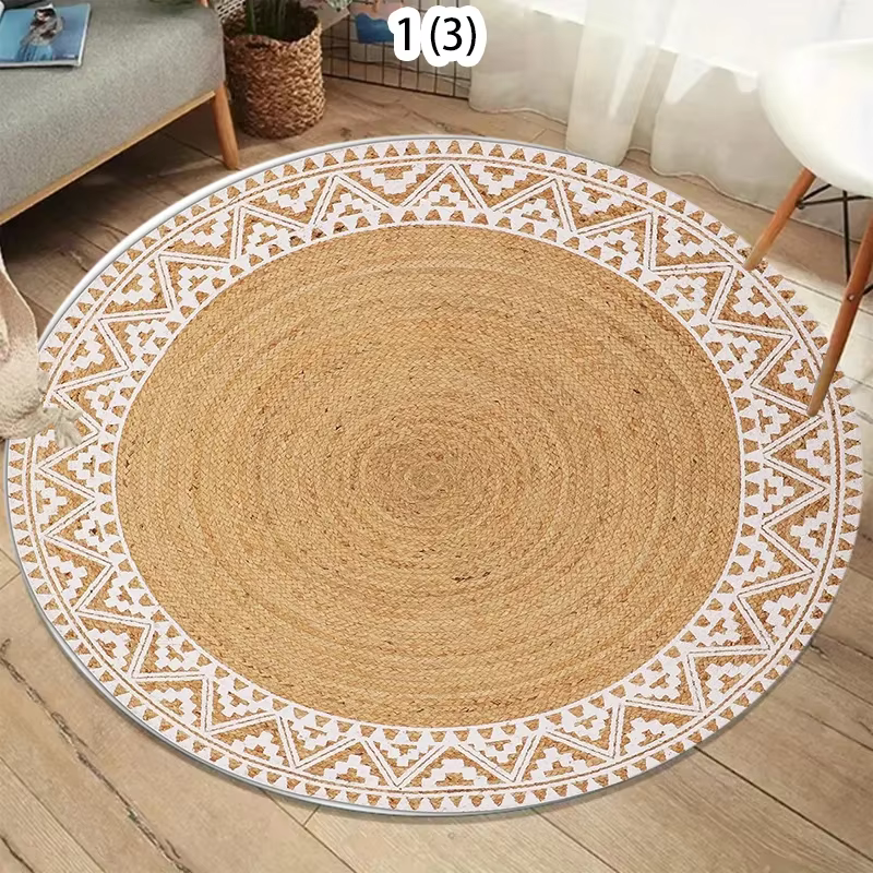 Tapis rond à texture imitation jute naturelle, style bohème, décoration de maison, tapis antidérapan